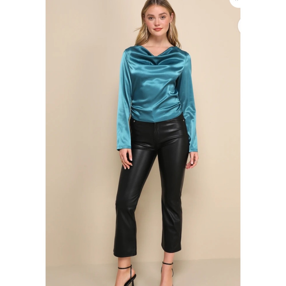 Lulus Teal Satin Cowl‎ Neck Backless Bow Tie Long Sleeve Top Size S